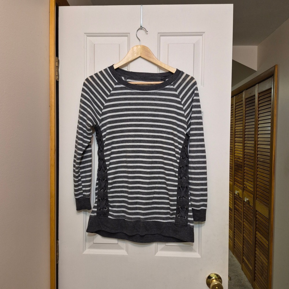 The Sweatshirt Project French Laundry Gray Striped Lace Up Side Sweatshirt M
